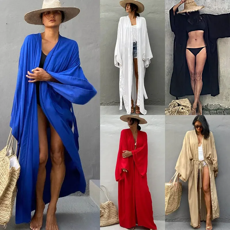 Summer Clothing Wraps - ชุดคลุมกิโมโนสำหรับผู้หญิง ชุดคลุมชายหาด เสื้อคลุมคาร์ดิแกน ชุดคลุมบิกินี่แบบเรียบ ชุดคลุมยาวเซ็กซี่พร้อมเข็มขัด ชุดเดรสฤดูร้อนแบบพันรอบตัว