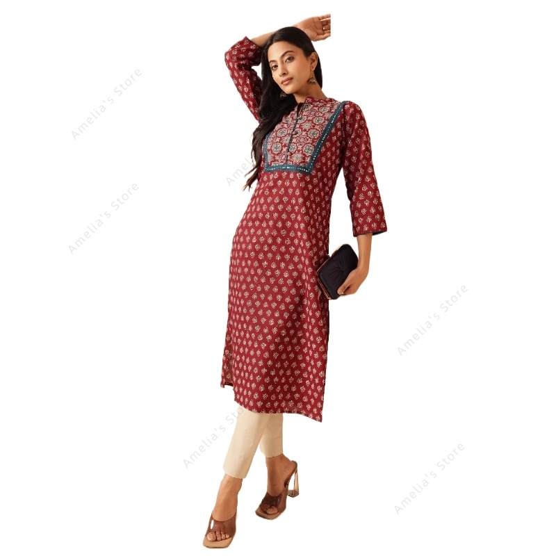 Summer Clothing Pakistan - ชุดคุर्ตาพิมพ์ลายดอกไม้สีแดงเลือดหมูสไตล์ชาติพันธุ์สำหรับผู้หญิง ฤดูใบไม้ผลิ/ฤดูร้อน เสื้อคลุมอินเดียทรงยาว ชุดคุर्ติดีไซน์โบโฮชิค ผ้าบาง ใส่ได้ทุกวัน