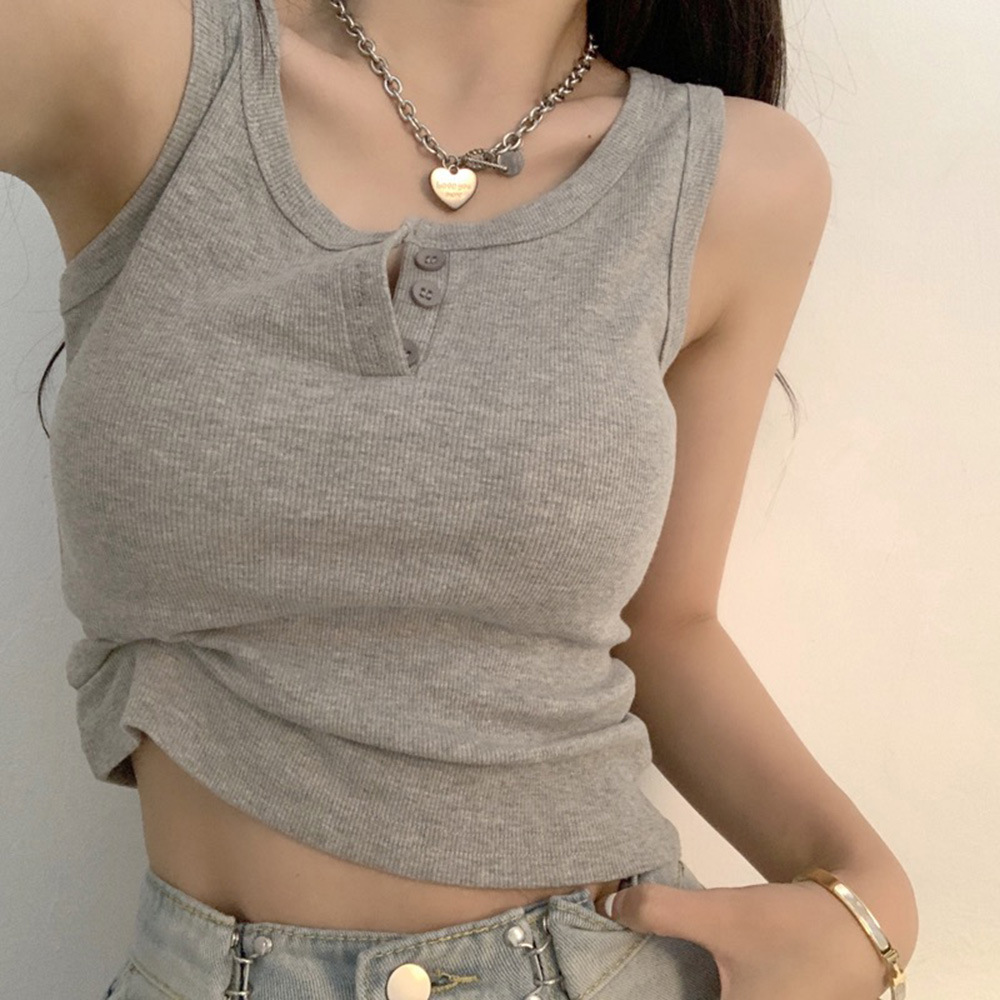 Summer Zara - เสื้อกล้ามสําหรับผู้หญิง Ribbed ปุ่มลงเสื้อแขนกุดสีทึบสบายๆวัยรุ่นอินเทรนด์ชุดฤดูร้อนขั้นพื้นฐาน