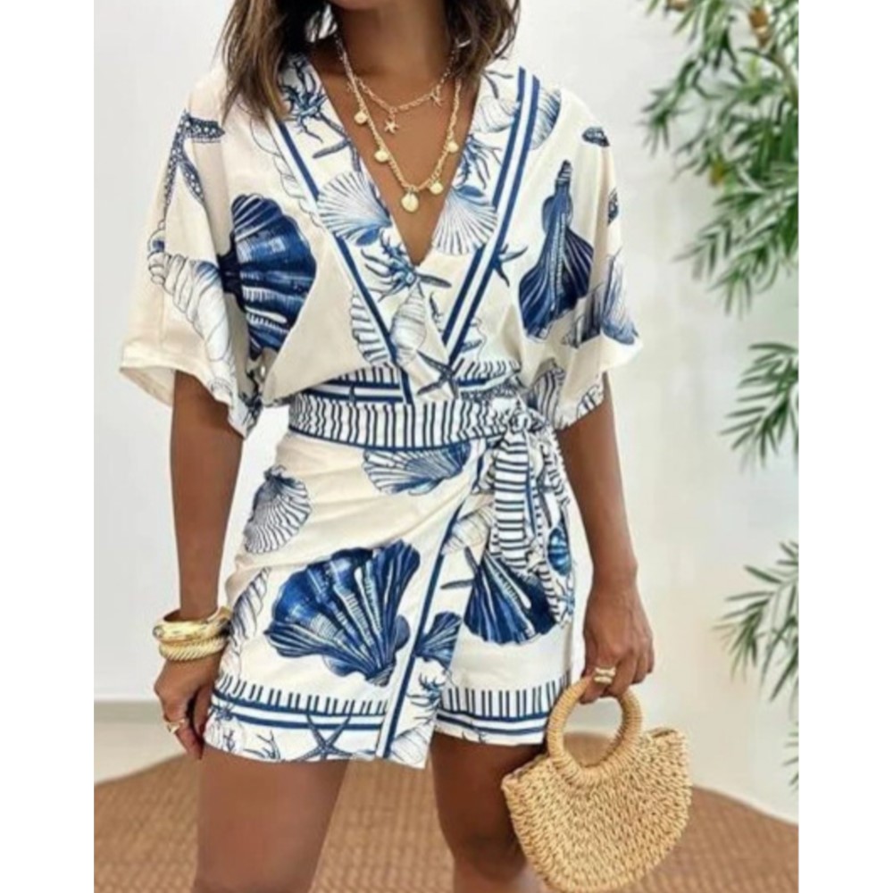 Summer Zara - จั๊มสูทแฟชั่นพิมพ์ลายแขนสั้น คอวี ทรงเข้ารูปสำหรับผู้หญิง ฤดูร้อนใหม่ สไตล์ลำลอง โบฮีเมียน
