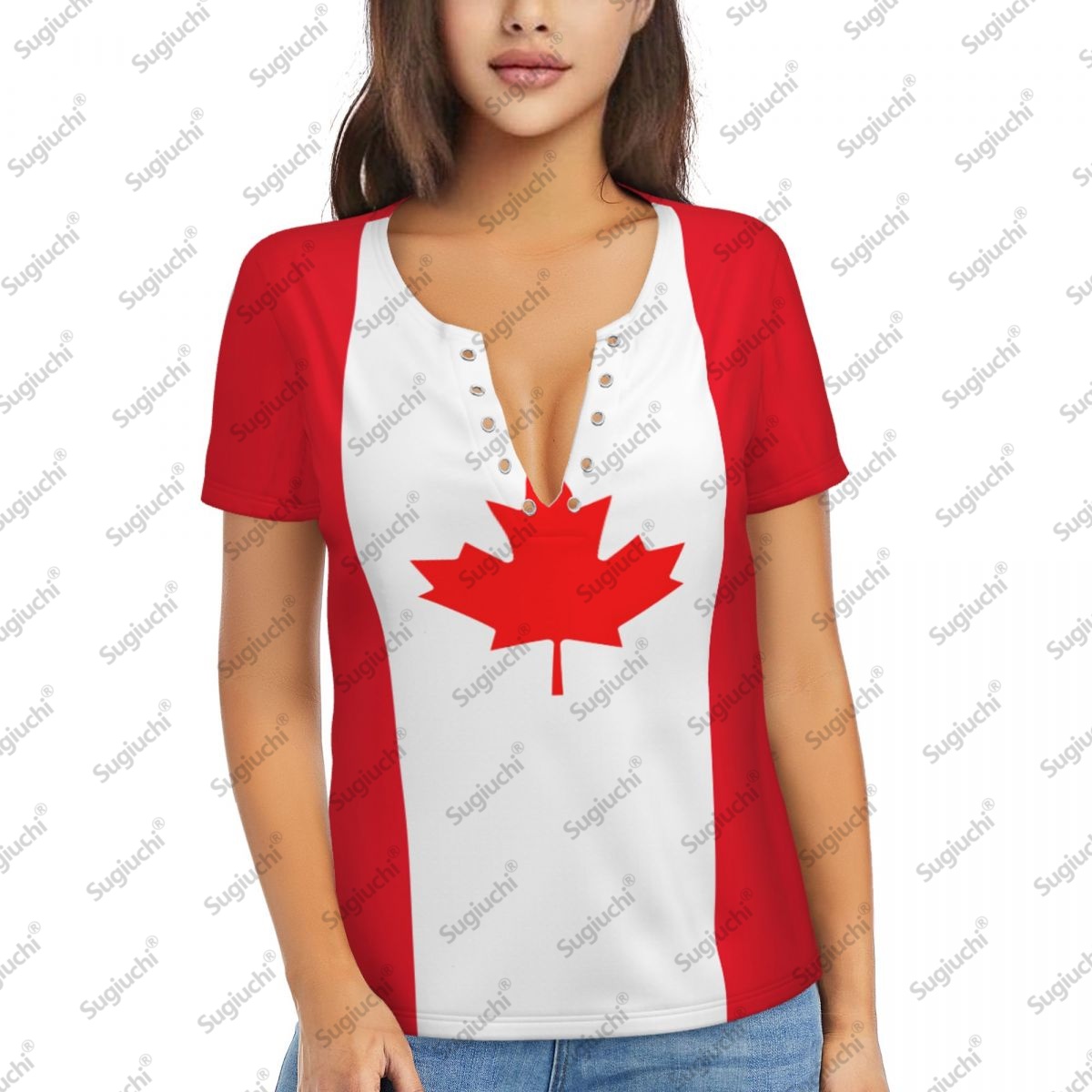 Summer Clothing Women Canada - 2025 ธงแคนาดาเซ็กซี่ลึก V คอผู้หญิง 3D แขนสั้นแฟชั่น