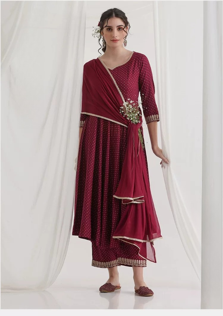 Summer Clothing Pakistan - ชุดคุर्ตะสีแดงเข้มสำหรับผู้หญิง ลายจุด ผ้าฝ้าย 3 ชิ้น ชุดสูทหรูหราสำหรับฤดูร้อน