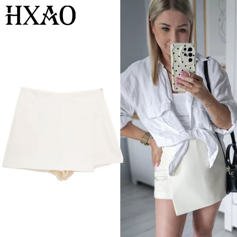 Summer Zara - กระโปรงกางเกงขาสั้นเอวสูงสีดำขาว HXAO กระโปรงผ่าข้างลำลองแบบอสมมาตรสำหรับผู้หญิง ฤดูร้อน 2024 กระโปรงสีกากี
