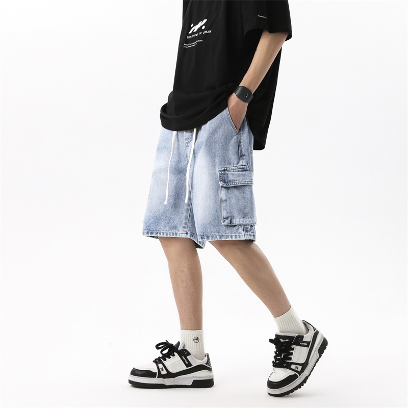 Summer Clothing Brands - ฤดูร้อนกางเกงขาสั้นผ้ายีนส์ผู้ชายแฟชั่นย้อนยุคเอวยางยืดหลวมขาตรงกระเป๋าขนาดใหญ่กางเกงขาสั้นแบรนด์เสื้อผ้าผู้ชายกางเกงลำลอง